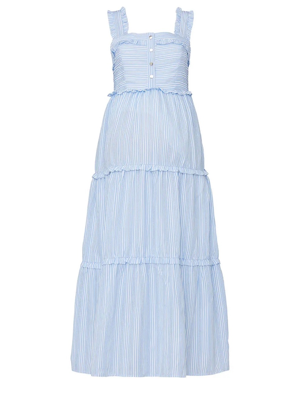 nom maternity emma during + after blue and white 100% cotton maxi tank dress